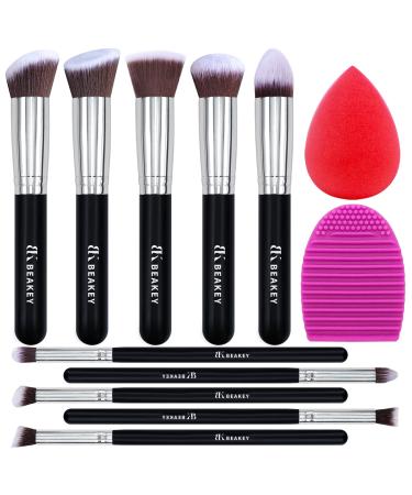 BEAKEY Makeup Brushes Premium Synthetic Foundation Face Brush Eyeshadow Kabuki Blush Brush Kit, Makeup Brush Set with Makeup Sponge and Brush Cleaner (10+2pcs, Black/Silver)