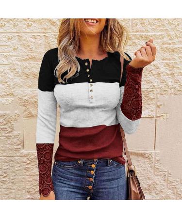 Women's Fitted Lace V Neck Long Sleeve Henley Shirt - Wine | Ribbed Knit Tunic Top - XX-Large - Buy Online on GoSupps.com