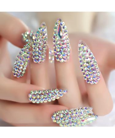 Coolnail Luxurious 3D Full Cover Holo Rhinestone 24pcs Jewelry Deco Fake Nails Super Extra Long Stiletto Press on False Nails Manicure Nail Art Tips Set for Wedding Party L6332