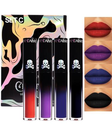 4Pcs Dark Red Purple Blue Black Matte Liquid Lipstick Sets Matte Lipstick Lip Stain Long Lasting 24 Waterproof Lip Gloss Gift Set Matt Liquid Makeup Lipstick for Women (Set C)