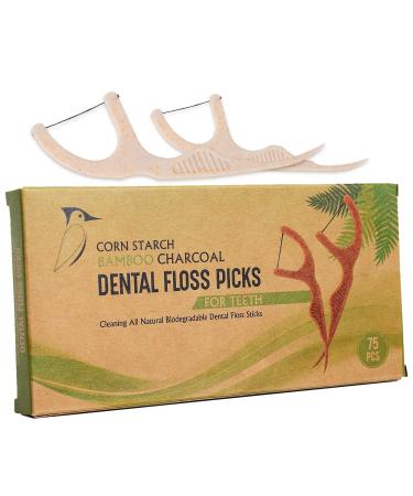Beautiful Mind Eco Friendly Dental Floss Picks for Teeth Cleaning  All Natural Biodegradable Dental Floss Sticks  Strong Bamboo Charcoal Floss Thread with Corn Starch Handle  Pack of 75 pcs