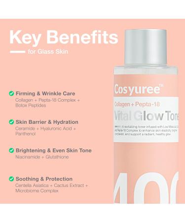 Cosyuree Collagen + Pepta-18 Vital Glow Toner pH 5.5 Toner pH Balancing Absorbing Boost Calming Skin Refreshing Hydrating Purifying Korean Skincare 200ml/6.76 fl.oz - Buy Online on GoSupps.com