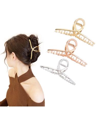 3pcs Metal Strong Hair Claw Clips Nonslip Large Hair Claw Clip Nonslip Hair Clips Hairpin Fashion Hair Styling Accessories for Women and Girls Thin Thick Hair (Rose gold  Silver  Gold)