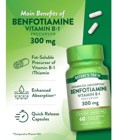 Nature's Truth Benfotiamine 300mg - 60 Count Non-GMO Gluten Free Supplement - Vitamin B1 Precursor - Buy Online on GoSupps.com