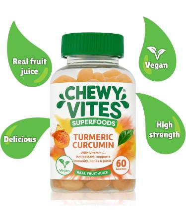 Chewy Vites Adults Superfoods Turmeric Gummies - 60 ct | 300mg Turmeric, 100% RI Vitamin C, Vegan & Real Fruit Juice - Buy Online on GoSupps.com