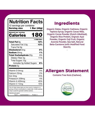 Just Great Stuff Organic Cacao Acai Protein Bars - Gluten Free, Vegan, Non GMO - 12 Pack - Buy Online on GoSupps.com