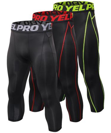 Yuerlian Men's 3/4 Compression Pants Leggings Tights Cool Dry Capri Shorts Baselayer Workout Running Sports Tights X-Large 3/4 Capri-black + B Red + B Green/