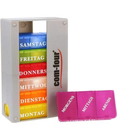 Com-Four 7-Day Drug Doser - Weekly Pill Organizer - Silver & Black Medication Box for Morning Lunch & Evening Doses - Ideal for International Shipping - Buy Online on GoSupps.com