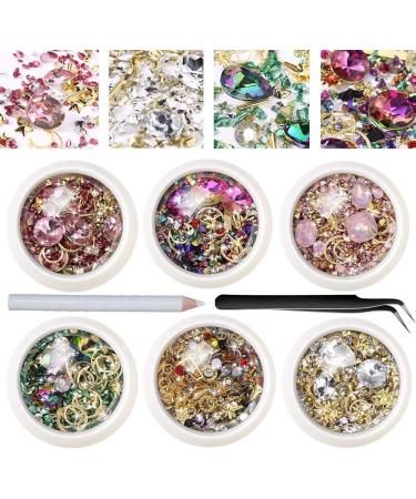 6 Boxes Mixed Nail Art Rhinestones Diamonds Crystals Beads Gems with Tweezer for 3D Nails Art Decoration Nail Art Supplies