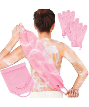 Anezus Exfoliating Shower Bath Gloves Back Scrubber Set for Body  Face  Shower  Bath  Scrub and Exfoliator (Pink)