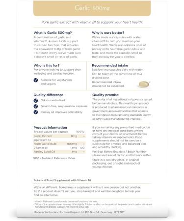 Healthspan Garlic 800mg (6 Months' Supply) - Supports Heart & Respiratory Health - Maintains Cholesterol - With Vitamin B1 - Vegan 360 Capsules - Buy Online on GoSupps.com