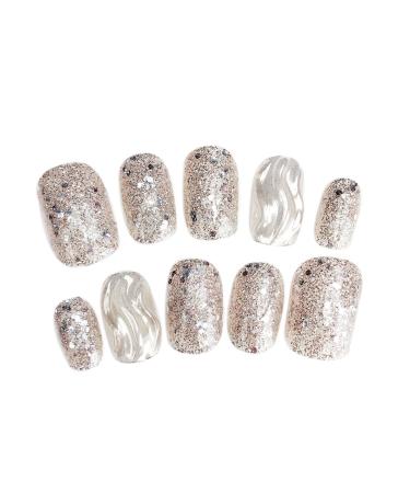 RIYAN Natural False Nails Artificial Tip Manicure Phototherapy Nails Water Ripple Tablets Silver Gradient Color Nail Patch for Nail Art Salons and Home
