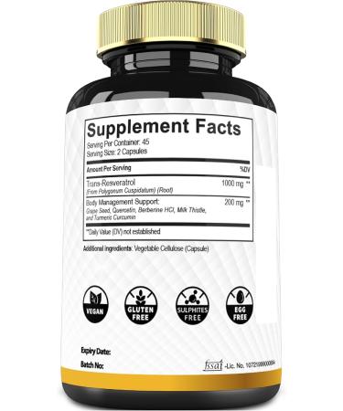Trans Resveratrol Supplement with Grape Seed Milk Thistle and More - Resveratrol - 6 Herbal Supports for Immune System Heart Health Body Management - 90 Capsules 90 Count (Pack of 1) - Buy Online on GoSupps.com