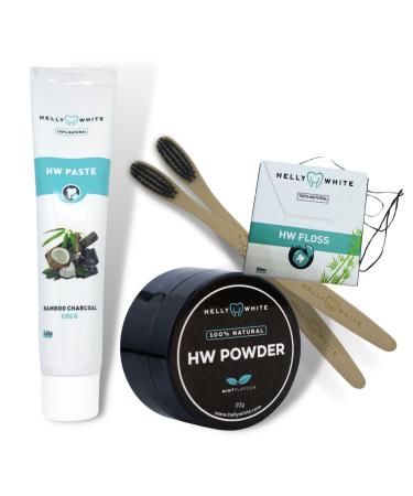 Professional Natural Teeth Whitening Kit Activated Charcoal Powder Peppermint Toothpaste Sensitive Gums Dental Floss White Teeth Vegan Removes Tartar Stains Plaque Bad Breath