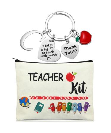 Teacher Appreciation Gift Set Teacher Makeup Pouch Cosmetic Bag Teacher Keychain with Initial Graduation Gifts for Teacher C Shape