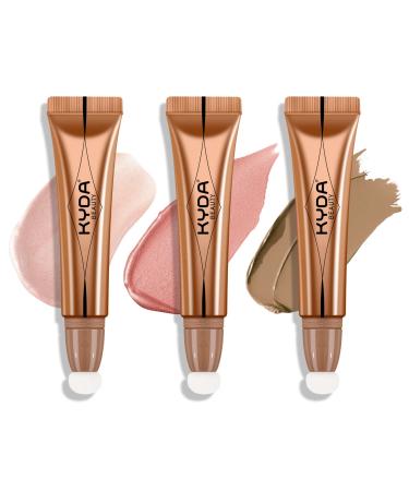KYDA 3 Colors Highlighter Contour Blush Beauty Wand  Nude Pink&Light to Meduim&Pearl Pink  with Cushion Applicator  Natural Shimmer&Matte Finish  High Pigment Silky Smooth Creamy Tint  Lightweight Blendable  by Ownest Be...