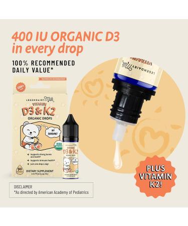 Legendairy Milk Organic Baby Vitamin D3 K2 Liquid Drops, 400 IU of Baby Vitamin D Drops for Infants - Vitamin D for Newborns, Toddlers, and Kids - Vegan, 90 Servings - Buy Online on GoSupps.com
