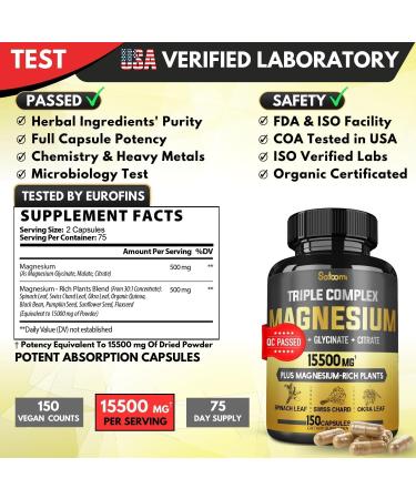 Triple Magnesium Complex 500mg Capsules - 11 Herbs Equivalent to 15500mg - Muscle, Nerve, Energy Support - 150 Capsules - Buy Online on GoSupps.com