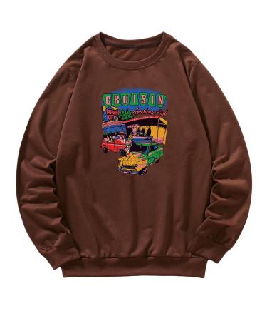 SOLY HUX Men's Letter Car Graphic Print Long Sleeve Pullover Top Sweatshirt Large Chocolate Brown