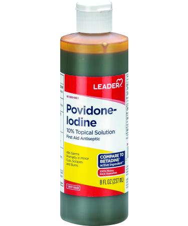 Leader Povidone Iodine 10% Prep Solution USP  First Aid Antiseptic Wound Cleanser  Wound Wash  Antiseptic Soap  8 fl oz 8 Fl Oz (Pack of 1)