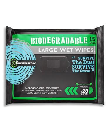 Surviveware Biodegradable Wet Wipes, Face and Body Wipes for Post Workout and Camping, Wipes for Adults, Large Wipes, 15 Count