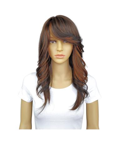 Wigs for Black Women Brown Wig Curly Wigs with Bangs Synthetic Wig Looking Natural Long Curly Wigs for Women Daily Party Cosplay Wig (Ombre Brown)
