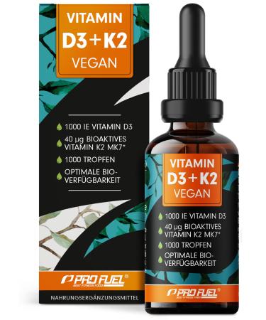 Vitamin D3 + K2 1000 drops vegan - 1000 IE vitamin D3 + 40 MCG K2 MK7 (Pharmaquinone ) - Optimally highly dose - Highest bioavailability - vegan vitamin D3 from lichen - laboratory test - 30ml drops: 1x 1000