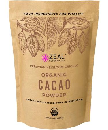 Zeal Superfoods Organic Cacao Powder - Raw, Heirloom Criollo, Top 8 Allergen-Free, Cold-Pressed, Unsweetened, Non-Alkalized, Vegan, Gluten-Free, Keto, Paleo, Kosher, Nutrient-Rich Superfood - Cocoa Powder Substitute - 16 o…