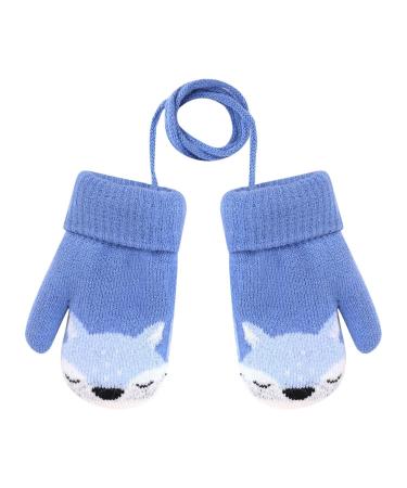Girls Boys Cute Fox Knitting Short Full Finger Gloves Toddler Kids Winter Thermal Plush Lining Cycling Camping Gloves Mitten for 1-3 Yrs Blue