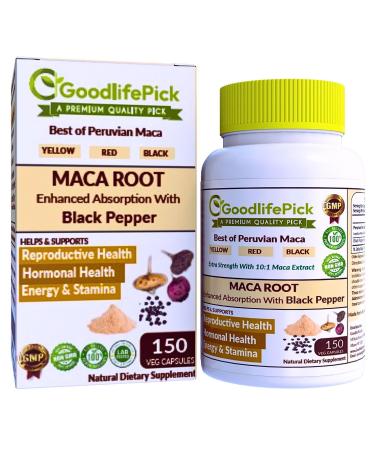 Peruvian Maca Root Capsules 150 ct. Powerful Maca Blend of Yellow Red & Black Maca Root with Black Pepper. All Natural NonGMO Vegan No Stearate No Rice Powder No Silica No Filler 150 Count (Pack of 1)