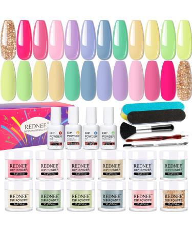 REDNEE 21 Pcs Dip Powder Nail Kit Starter - 12 Easter Candy Colors Macaroon Pastel Acrylic Dipping Powder Kit for Manicure Festival Nail Design RE36