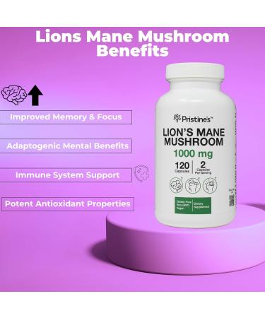 PRISTINE'S Lion's Mane Mushroom 1000mg (2 Pack) Brain Memory & Focus Adaptogen Supplement - 120 Day Supply - Cognitive Function & Immunity Health Memory Supplements for Adults - Vegan - Non-GMO - Buy Online on GoSupps.com