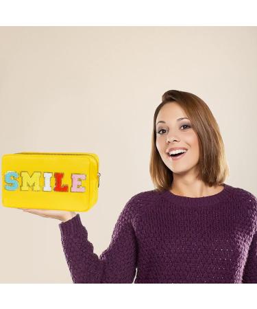 Yellow Nylon Waterproof Preppy Makeup Bag with Chenille Letter Patches - Women's Travel Organizer for Toiletries and Cosmetics - Buy Online on GoSupps.com