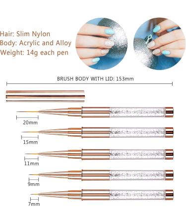 5PCS Rose Gold Nail Art Liner Brushes Set with Diamond Handle - Fine Detail Painting Pens Kit for DIY Professional Design - Buy Online on GoSupps.com
