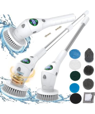 Electric Spin Scrubber Cordless Cleaning Brush with 8 Replaceable Brush Heads and Adjust Extension Handle LED Light Real-time Power Display 3 Speeds IPX7 Waterproof Shower Scrubber