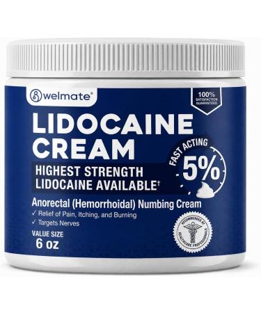 WELMATE - 5% Lidocaine Numbing Cream 6oz (170g) - Maximum Strength Lidocaine Cream - Hemorrhoid Relief - External Use Anesthetic Vitamin E - Child Resistant - Topical Skin Care 6.0 Ounce (1 pack)