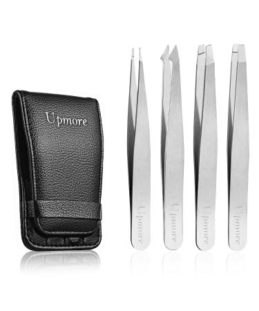 Upmore 4x tweezers set stainless steel - silvery eyebrow tweezers set scissors tweezers straight sloping pointed spots