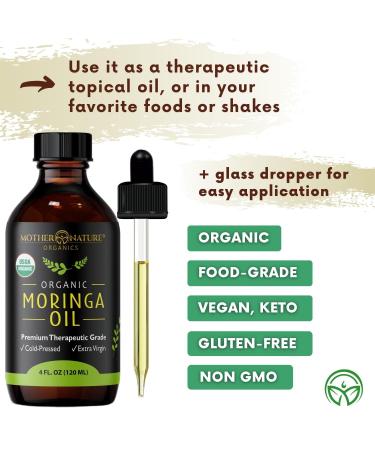 Organic USDA Certified Moringa Oil - 100% Pure Cold Pressed & Unrefined Vegan Oil - Natural Moisturizer for Skin, Face, Body & Hair - 4oz - by Mother Nature Organics - Buy Online on GoSupps.com
