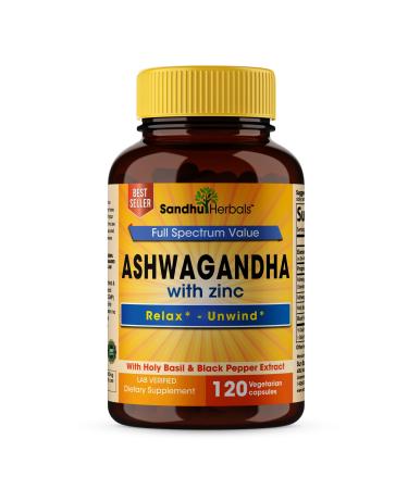 Sandhu Herbals Ashwagandha with Zinc Black Pepper Extract Ashwagandha Powder Supplement 120 Vegetarian Capsules 120 Count (Pack of 1)