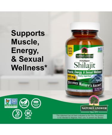 Nature's Answer Himalayan Shilajit Capsules 500 mg per Serving | PrimaVie Purified Shilajit with 50% Fulvic Acid | Energy Vitality & Muscle Support | 60 Vegan Capsules - Buy Online on GoSupps.com