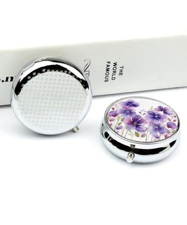 Round Purple Flowers Print Pill Box | 3 Compartment Portable Medicine Organizer | Decorative Metal Pill Case for Travel - Buy Online on GoSupps.com