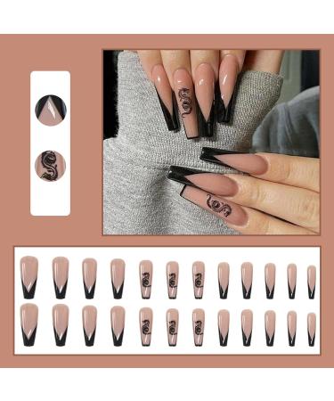Ballerina Coffin Fake Nails - 24Pcs Long Black French Press on Nails with Dragon Patterns | Full Cover False Nail Tips with Glue for Women & Girls Nail Art - Buy Online on GoSupps.com