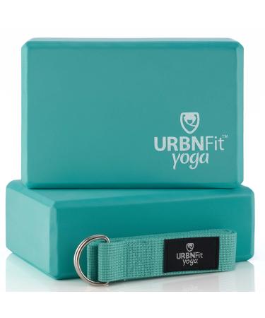 URBNFit Yoga Blocks 2 Pack - Sturdy Foam Yoga Block Set with Strap for Exercise, Pilates Workout, Stretching, Meditation, Stability - High Density Non Slip Brick, Fitness Accessories Teal