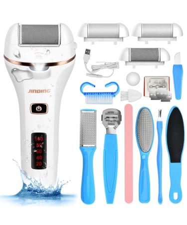 Rechargeable Callus Remover for Feet Electric,Pedicure Kit Tools Foot Care Set,Professional Foot Scrubber for Cracked Heels,Dead Skin,with 3 Roller Heads,2 Speeds,Power Display for Travel,Home White