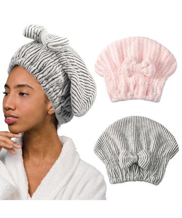Microfiber Hair Drying Towel Absorbent Hair Drying Cap Bamboo Hair Towel Cap Bowknot Drying Towel Cap Quick Dry Hair Turban Stripe Shower Cap for Women and Girls 2Pcs