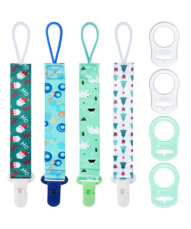 Aolso Silicone Dummy Clips Adapter 4pcs Baby Pacifier Chain with 4pcs Adapters Silicone Ring Adapter Baby Pacifier Holder Soother Clip Chain Straps Baby Teething Toys(Blue-Green) 4pcs-green/white