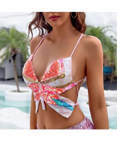 Yivilhor Women's Glitter Sequin Butterfly Crop Top - Pink | Rave & Belly Dance Sparkly Tank - Buy Online on GoSupps.com