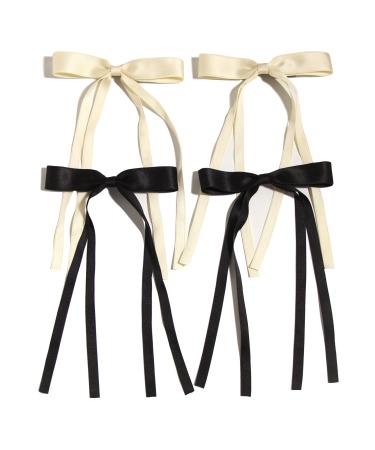 4pcs Hair Clips for Women Tassel Ribbon Bowknot Hair Clips With Long Tail  Women Hair Clip for Girl  Solid Hair Clips Long Hair Accessories Barrettes Claw Hair Clips With Bow (Black&Beige) Beige Black