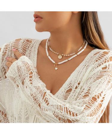Multilayer Boho Pearl Necklace with Beaded Coin & Heart Pendant - Summer Beach Jewelry for Women & Girls - Buy Online on GoSupps.com