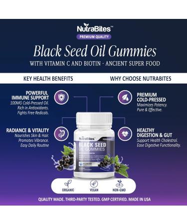 NutraBites Black Seed Oil Gummies - 1000mg Cold-Pressed Nigella Sativa for Immune Digestion & Heart Health - Antioxidant Support Skin Radiance & Wellness - Organic & Vegan-Friendly (60 Count) - Buy Online on GoSupps.com